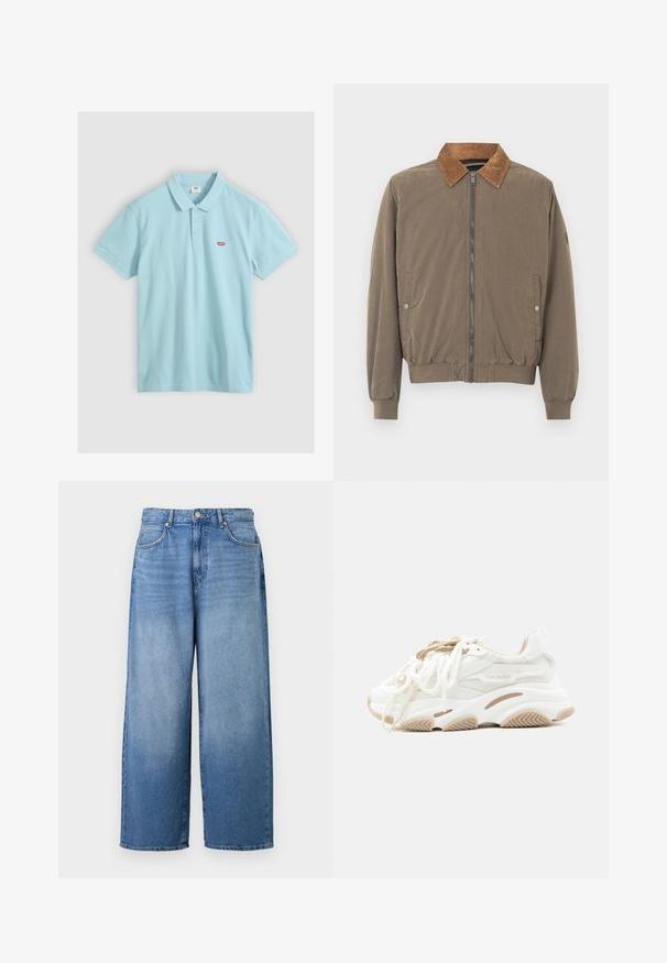 Veste aviateur marron avec col en velours côtelé, fermeture éclair à l'avant, poignets élastiques, ourlet élastiqué et deux poches latérales à boutons-pression.; Polo bleu clair à manches courtes avec trois boutons et petit logo rouge Levi’s sur la poitrine gauche sur fond blanc.; Jeans en denim à jambes larges de couleur bleu clair avec une finition légèrement délavée. Comprend un design classique à cinq poches et une fermeture à bouton en métal.; Baskets Steve Madden blanches et beiges avec des panneaux en maille, une semelle épaisse et des doubles lacets sur un fond clair uni.