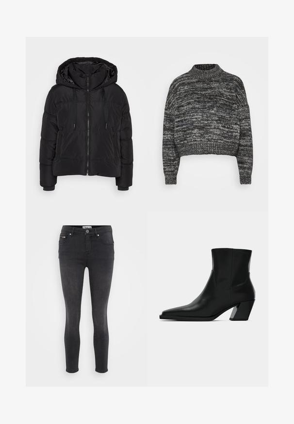 Čierna puffová bunda s kapucňou, predným zipsom, šnúrkami, dvoma zipsovými bočnými vreckami a elastickými manžetami.; Vero Moda Petite VMDAIMA - Svetrík - black/birch/silver; Čierne skinny džínsy z denimu. Obsahujú predné zapínanie na gombík a zipsovú kapsu v páse. Hladká štruktúra s minimálnym vyblednutím.; Čierna kožená členková topánka s špicatou špičkou, elegantným siluetou a masívnym štvorecovým podpätkom. Hladký povrch s minimálnymi švovými detailmi.