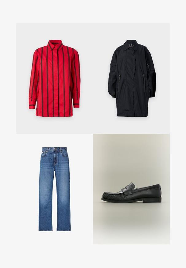 Lang sort oversized frakke med brede ærmer, frontlomme med lynlås, reverskrave og et mærke uden animalske produkter inden i nakken.; Rød langærmet skjorte med knapper og sorte lodrette striber samt en spids krave, vist mod en ensfarvet baggrund.; Blå straight-leg denim jeans med front knap- og lynlås lukning, bæltestropper og fem-lomme design.; Sort læder penny loafer med rynket tådetalje og lav stablet hæl, set fra siden på en neutral baggrund.