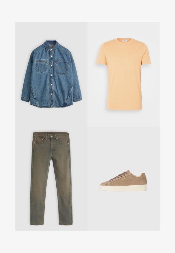 Denim košeľa s gombíkmi vyrobená z svetlomodrej tkaniny, s dvoma vreckami na hrudi, bielymi gombíkmi a kontrastným stehovaním pozdĺž švov pre lepší detail.; Svetlo broskyňové tričko s krátkym rukávom vyrobené z jemnej látky. Obsahuje okrúhly výstrih a nenápadný nápis "Arrivederci" na prednej strane.; Tmavozelené džíny z denimu so strihom rovného nohavice, piatimi vreckami a medenými detailmi. Vyblednutá textúra pridáva na opotrebovanom vzhľade.; Beige semišové tenisky s okrúhlym prstom, krémovou gumenou podrážkou a hnedými šnúrkami. Sú vybavené embosovaným logom značky na strane a textúrovaným materiálom.