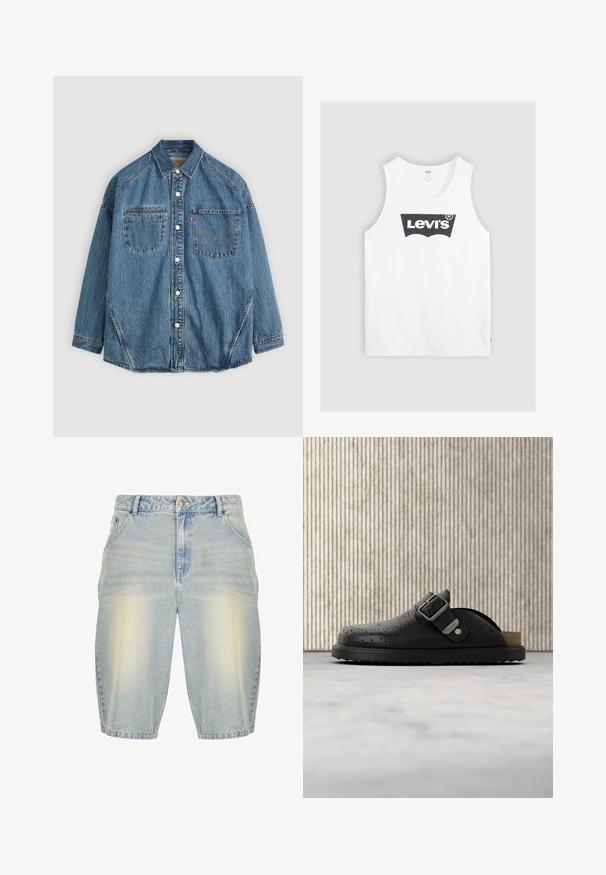 Denim skjorte med knaplukning i lys blå stof, to brystlommer, hvide knapper og kontrastsyninger langs sømmene for ekstra detaljer.; Hvid bomulds tanktop med et sort Levi's-logo i midten. Enkel design med rund halsudskæring og brede ærmegab.; Lysblå denimshorts med en falmet vask, der har et klassisk fem-lommer design, bæltestropper og en lige pasform.; Sort læder-slip-on-træsko med spænde og perforeret mønster, placeret på lyst tæppe tæt på et gennemsigtigt brunt bord.
