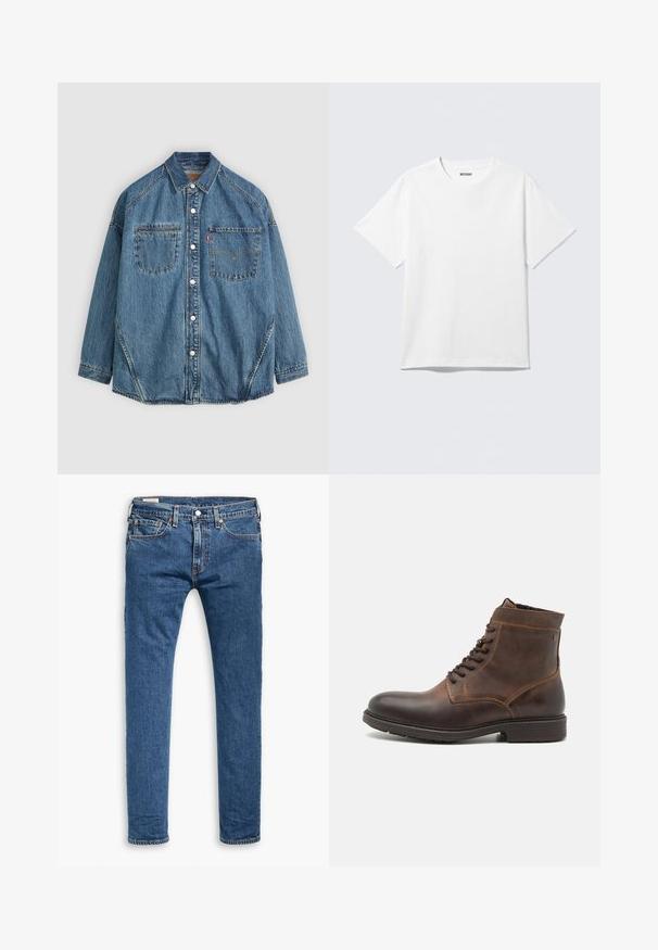 Chemise en denim boutonnée avec un tissu bleu clair, deux poches poitrine, des boutons blancs et des coutures contrastées le long des coutures pour un détail supplémentaire.; T-shirt blanc à manches courtes et col rond, étalé à plat, design uni, avec l'étiquette "WEEKDAY" à l'intérieur du col sur un fond clair.; Jeans slim fit en denim bleu avec cinq poches, bouton avant et passants de ceinture, présentés à plat sur un fond blanc.; Jack & Jones JFWDELANEY BOOT - Bottines à lacets - cognac