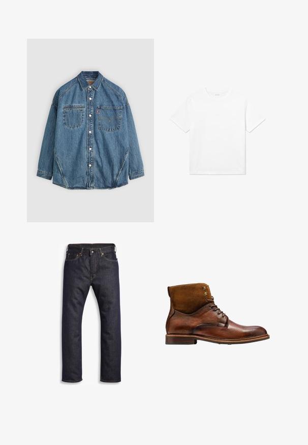 Denim-paita, jossa on vaaleansininen kangas, kaksi rintataskua, valkoiset napit ja kontrastiväriset tikkausmmuotoilun lisäämiseksi.; Valkoinen puuvillapaita, jossa on lyhyet hihat, pyöreä pääntie ja suora helma. Tasainen pinta ilman näkyviä kuvioita tai yksityiskohtia.; Tummansiniset farkut suoran leikkauksen, viiden taskun muotoilun, metallisten yksityiskohtien ja kontrastoivien oranssien ompelujen kanssa. Sujuva pinta, ei näkyviä kuvioita.; Kazar ALID - Nauhalliset nilkkurit - brown