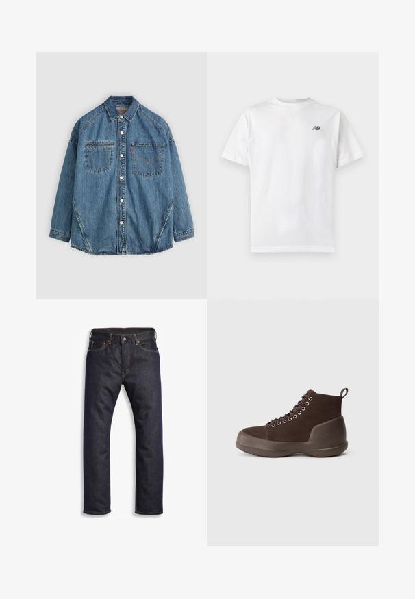 Jeanshemd mit hellblauem Stoff, zwei Brusttaschen, weißen Knöpfen und kontrastierendem Stich entlang der Nähte für zusätzliche Details.; Weißes T-Shirt mit kurzen Ärmeln und Rundhalsausschnitt mit kleinem schwarzem New Balance-Logo auf der oberen linken Brust auf einem einfarbigen hellen Hintergrund.; Dunkelblaue Jeans aus Denim mit geradem Schnitt, Fünf-Taschen-Design, metallischen Komponenten und kontrastierenden orangen Nähten. Glatte Textur, keine sichtbaren Muster.; Braune Wildleder-Hohe Stiefel mit Metallösen, gepolstertem Kragen und dicker Gummisohle. Mit einer Schlaufe an der Ferse für ein einfaches Anziehen.
