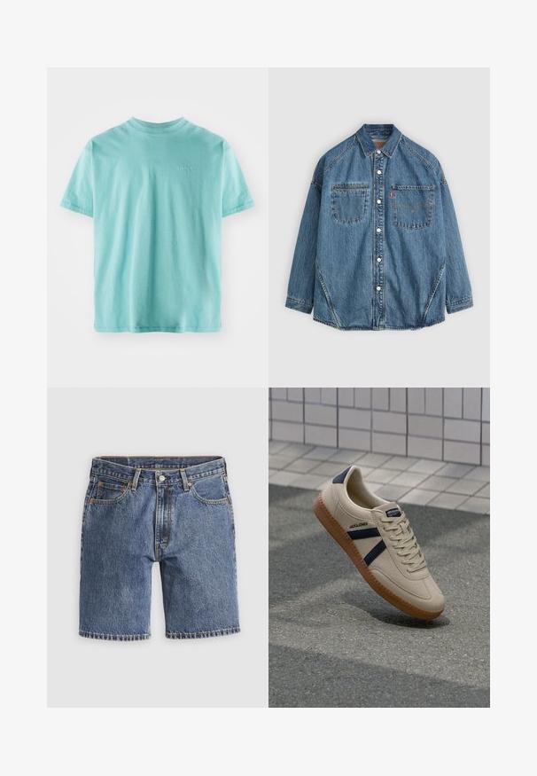 Denim overhemd met knopen in een lichte blauwe stof, twee borstzakken, witte knopen en contrasterend stiksel langs de naden voor extra detail.; Turquoise katoenen T-shirt met korte mouwen, ronde hals en een klein wit "Levi's" logo op de borst. Zachte textuur en een ontspannen pasvorm.; Blauwe denim knielange shorts met voorste knoop, rits, riemlussen en vijf-zakken ontwerp op een effen lichte achtergrond.; Beige sneaker met een textuurafwerking, marineblauwe strepen en een rubberen zool. Heeft een gevoerde tong en een traditioneel vetersysteem voor een veilige pasvorm.