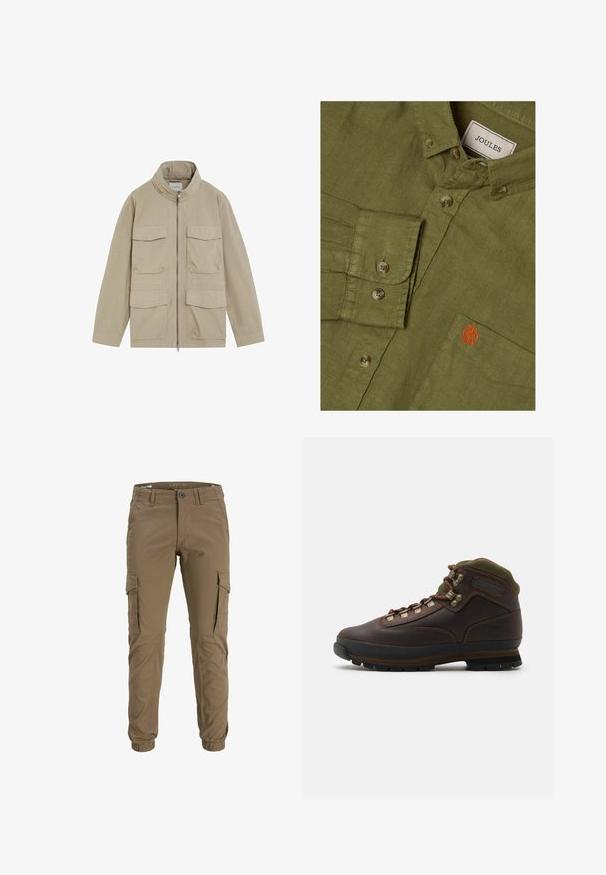 Chaqueta marrón claro con cuatro bolsillos delanteros con solapa y un cuello alto, con cierre central con cremallera.; Camisa de lino verde oliva con botones, cuello abotonado, bolsillo frontal con pequeño logo bordado en naranja y etiqueta de la marca Joules en el interior del cuello.; Jack & Jones JPSTPAUL JJFLAKE ANA NOOS - Pantalones cargo - brindle; Bota de senderismo de piel marrón con cuello de tela verde. Presenta ganchos metálicos para los cordones, suela de goma y un diseño texturizado en la suela para mayor tracción.