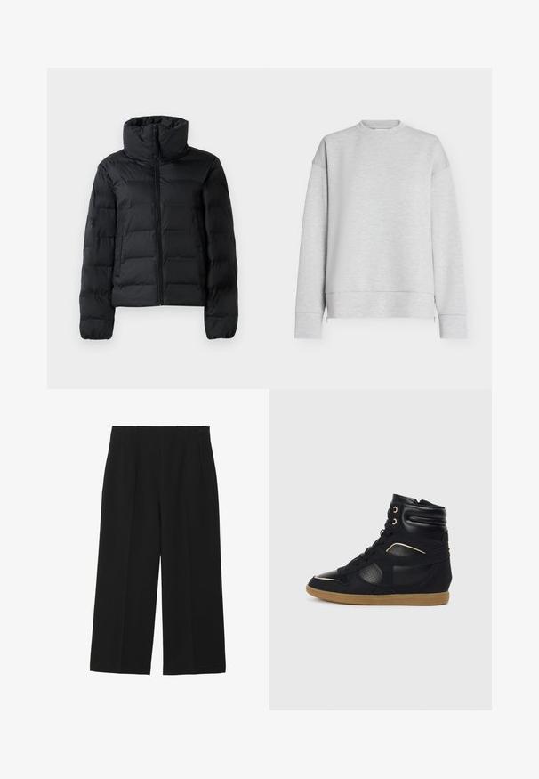 Sort polstret jakke med høj krave, hel frontlynlås, quiltet design og elastiske manchetter. Glat tekstur, letvægtsmateriale.; Lys grå langærmet sweatshirt med rund halsudskæring, subtil meleret tekstur og afslappet pasform, vist mod en ensfarvet hvid baggrund.; Sorte breddebenede bukser lavet af glat stof, med to forlommer, flad front og lynlås lukning på siden.; Sorte høj-tops sneakers med læder- og ruskindspaneler, perforerede detaljer, gummisål og guldaccentuer på øjet.