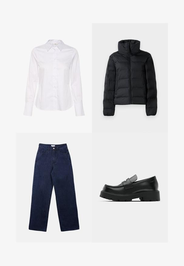 Veste matelassée noire avec un col haut, fermeture éclair sur toute la longueur, design matelassé et poignets élastiques. Texture lisse, matériau léger.; Chemise blanche à manches longues avec un col classique, une fermeture par boutons à l'avant et un ourlet droit. Fabriquée en tissu lisse avec un design épuré.; Pantalons en denim bleu foncé avec une coupe droite, dotés d'une fermeture à bouton à l'avant, de passants de ceinture et de deux poches avant.; Mocassins en cuir noir avec une semelle épaisse et texturée, dotés d'une sangle sur le vamp et d'une finition lisse et polie.