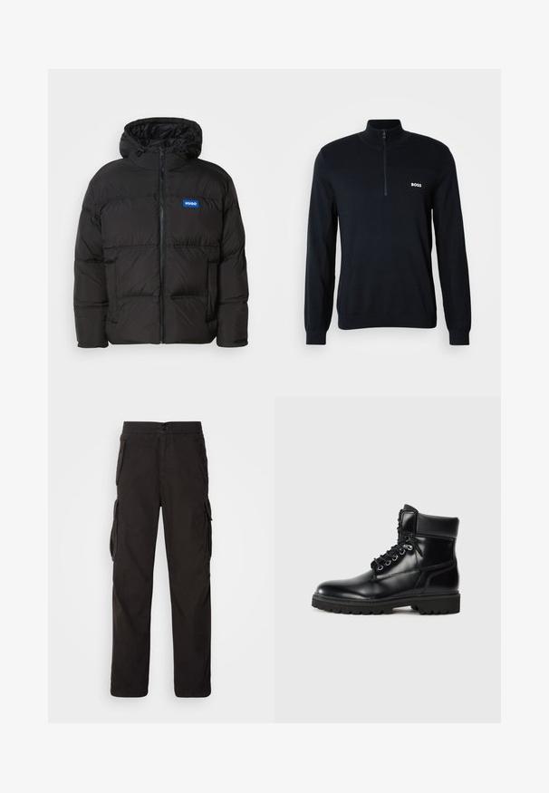Sort pufjakke med hætte, lynlåsfortil og to sidelommer. Har syede paneler og et blåt "HUGO" logo på brystet.; Marineblå sweater med høj krave og halv lynlås. Materialet er blødt med en struktureret overflade. Har et lille hvidt "BOSS" logo på brystet.; Sorte cargobukser med lige pasform, elastisk talje, flere sidelommer og et struktureret stof for holdbarhed.; Sort læder ankelstøvle med en blank finish, snørelukning, polstret krave og en robust gummisål med skridgreb.