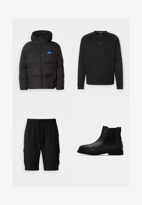 Doudoune noire avec une capuche, fermeture éclair à l'avant et deux poches latérales. Présente des panneaux cousus et un logo bleu "HUGO" sur la poitrine.; Sweat-shirt noir à col ras du cou avec manches longues, logo discret "Porsche BOSS" sur la poitrine, poignets et ourlet côtelés, présenté sur un fond gris clair.; Shorts cargo noirs en tissu léger, dotés d'une taille élastique, d'un cordon de serrage et de poches cargo latérales pour un rangement supplémentaire.; Botte Chelsea noire en cuir avec des panneaux latéraux élastiques, un bout rond et une tige texturée. Elle est dotée d'une semelle en caoutchouc plate et d'un détail de branding subtil.