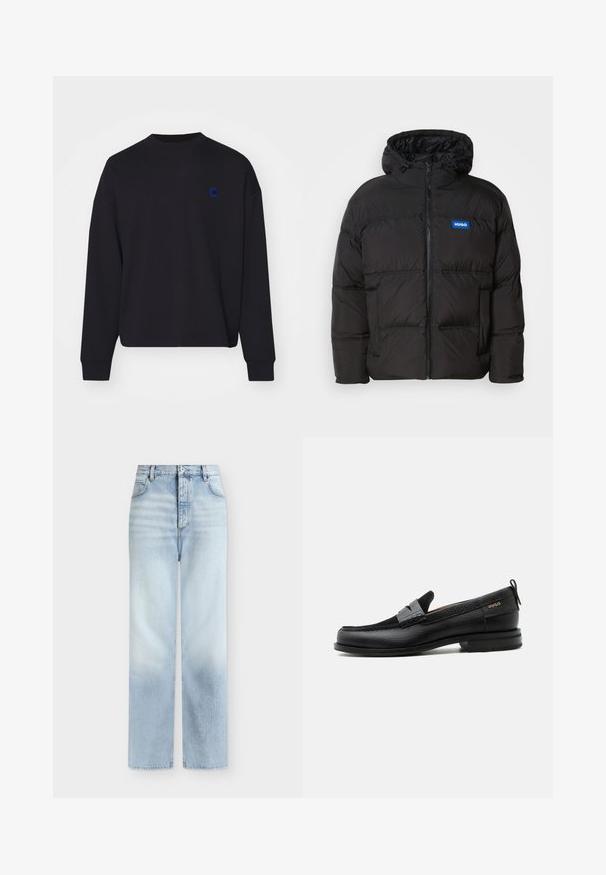 Schwarze Steppjacke mit Kapuze, Reißverschluss vorne und zwei seitlichen Taschen. Hat genähte Elemente und ein blaues "HUGO"-Logo auf der Brust.; Schwarzer Pullover aus Baumwolle mit rundem Halsausschnitt und lässiger Passform. Er hat ein kleines blaues gesticktes Logo auf der Brust.; Hellblaue, hoch taillierte Jeans mit geradem Bein, Fronttaschen, Gürtelschlaufen und einem Knopfverschluss.; Schwarzer Lederloafer mit grauem Riemendetail, niedrigem Absatz und strukturierter Sohle, seitlich mit „HUGO“ in Gold gebrandmarkt.