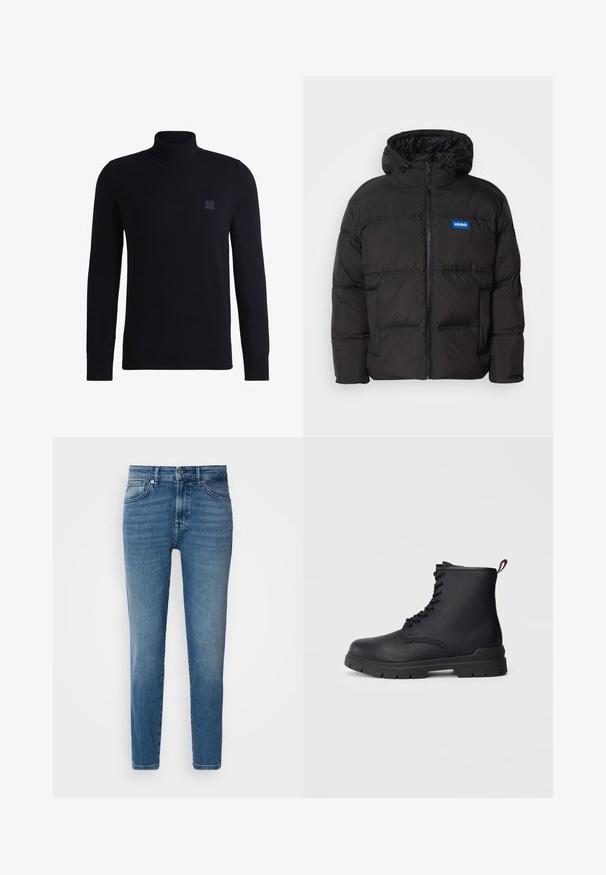 Schwarze Steppjacke mit Kapuze, Reißverschluss vorne und zwei seitlichen Taschen. Hat genähte Elemente und ein blaues "HUGO"-Logo auf der Brust.; Marineblauer Rollkragenpullover aus weichem Strickmaterial, mit langen Ärmeln und einem gerippten Kragen. Enthält ein quadratisches Logo-Patch auf der Brust.; Helle blaue Denim-Jeans mit geradem Schnitt, traditionellem Fünf-Taschen-Design, Metallknopfverschluss und dezentem Verblassen an der Vorderseite.; Schwarze Leder-Stiefelette mit Schnüroptik, dickem Gummisohle und roter Schlaufe am Absatz, vor einem schlichten, hellen Hintergrund gezeigt.