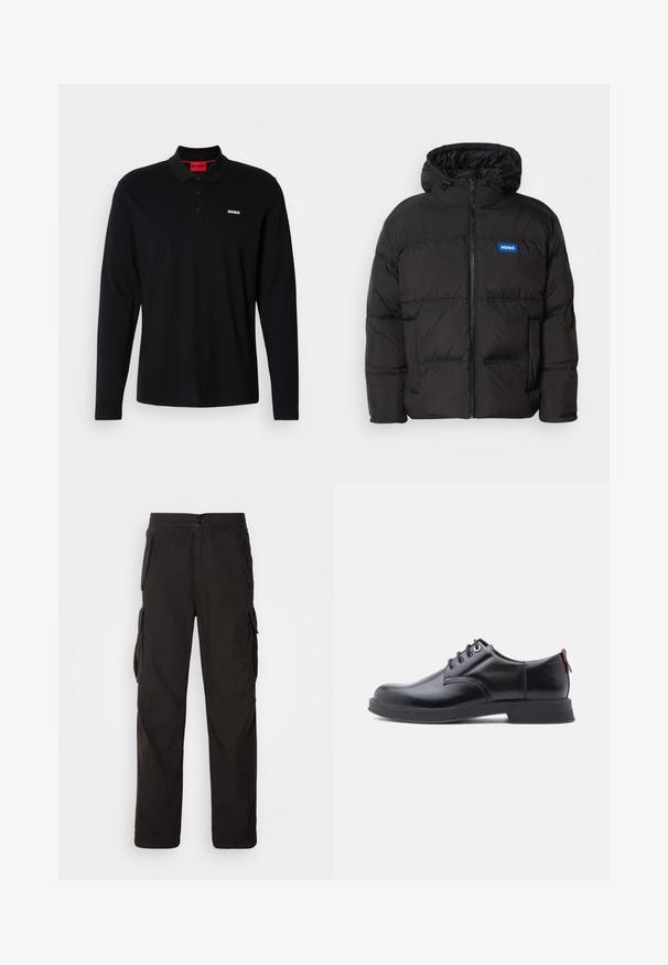 Zwarte pufferjas met een capuchon, ritssluiting aan de voorkant en twee zijzakken. Bevat gestikte panelen en een blauw "HUGO" logo op de borst.; Zwarte lange mouwen polo shirt van katoen, met een rode kraag en een drieknoopsluiting, voorzien van een wit "HUGO" logo op de borst.; Zwarte cargobroek met een rechte snit, elastische tailleband, meerdere zijzakken en een textiele stof voor duurzaamheid.; Zwarte leren veter schoenen met een gladde textuur, ronde neus en subtiel stiksel detail. Voorzien van een rode trekband op de hiel.