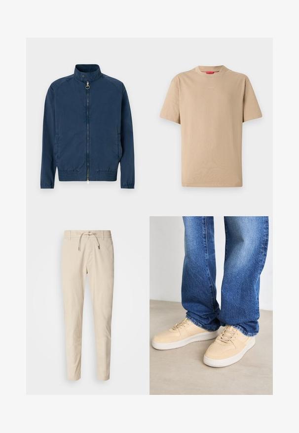 Marineblauwe bomberjack met hoge kraag, rits vooraan, elastieken manchetten en zoom. Gemaakt van lichte textuurstof.; Beige katoenen T-shirt met korte mouwen, ronde hals en subtiele "HUGO"-logo in het midden. Glad textuur, ontspannen pasvorm.; Lichtbeige broeken met een gladde stoftextuur, elastische tailleband en verstelkoord. Tapered model. Geen zichtbare patronen.; Beige sneakers met een gladde textuur, geperforeerde details en een witte rubberen zool, gecombineerd met blauwe denim jeans.