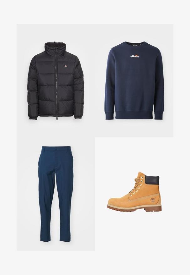 Zwarte pufferjack met hoge kraag, rits aan de voorkant en elastische manchetten. Voorzien van gestikte panelen en een klein logo op de bovenste linkerborst.; Navyblauwe sweatshirt gemaakt van een zachte stof, met een ronde hals en geribbelde manchetten. Geborduurd "ellesse" logo met gekleurde accenten.; Navyblauwe broeken van een gladde stof, slim fit, met voorzakken en een enkele knoopsluiting bij de taille. Geen zichtbare patronen.; Tan suède laars met een zwarte gewatteerde kraag, metalen oogjes en rubberen zool, voorzien van ton-sur-ton stiksels en een logo aan de zijkant.