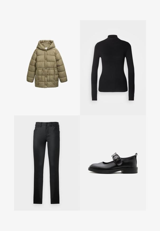 Oliiviroheline vatitud jakk kapuutsiga, esiküljel nööpide ja kummist tõmbluku säärega, ning tikitud õmblusmustritega. Pehme tekstuur.; Mustem turtleneck-sviiter, mis on valmistatud kerge kudumiskangast. Omab pikki varrukaid, slim-fit lõiget ja pehmet soonikut.; TOM TAILOR TTLUCIE SKINNY FIT - Kitsa lõikega teksad - coated black denim; Mustast nahast Mary Jane king paksu taldiga, ümar nina, hõbedase pandlaga rihma ja tagumise tõmblukuga.