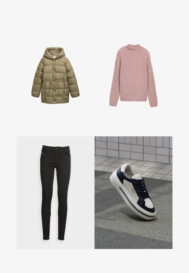 Oliven grøn polstret jakke med hætte, frontknapper, elastisk snoretræk i taljen og quiltede stikninger. Blød tekstur.; Ribbet striktrøje i blød lyserød, med høj hals og lange ærmer. Stoffet har en glat overflade med en subtil glans.; Sorte slim-fit jeans med frontlommer, bæltestropper, knaplukning og lynlås, præsenteret mod en hvid baggrund.; Hvide og marineblå lædersneakers med perforeret tå, snørebånd og en struktureret gummisål, som har branding på siden.