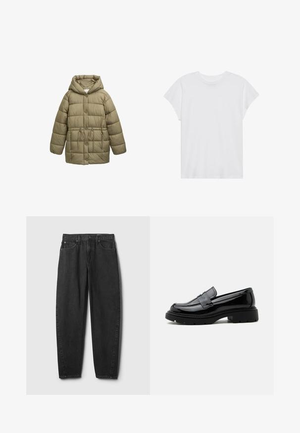 Olivgrüne gepolsterte Jacke mit Kapuze, Knöpfen vorne, elastischem Kordelzug an der Taille und gesteppten Mustern. Weicher Stoff.; Weißes kurzärmliges T-Shirt mit Rundhalsausschnitt, lockerer Passform, aus weichem Baumwollstoff. Glatte Textur, keine Muster oder Logos.; Schwarze Jeans aus Denim mit geradem Beinverlauf, ausgestattet mit fünf Taschen, einem Knopfverschluss und dezenten Ziernähten. Klassisches Design und Textur.; Schwarzer glänzender Lederloafer mit grober Profilsohle und Pennyriemen, im Seitenprofil auf weißem Hintergrund gezeigt.