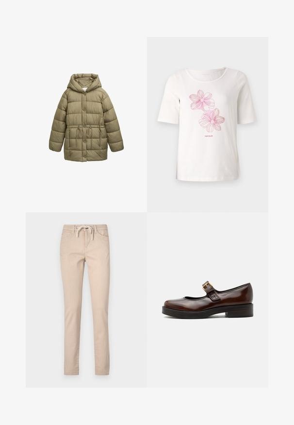 Veste rembourrée vert olive avec capuche, boutons sur le devant, cordon élastique à la taille et motifs de piqûres matelassées. Texture douce.; T-shirt blanc à manches courtes en coton, avec des motifs floraux roses et le texte "TOM TAILOR" en dessous des graphiques.; Pantalons en coton rayés beige avec taille à cordon, jambes fuselées et deux poches avant. Texture lisse, design décontracté.; Chaussure Mary Jane marron foncé avec finition brillante, bout arrondi, petit talon bloc et bride avec boucle dorée sur le cou-de-pied.