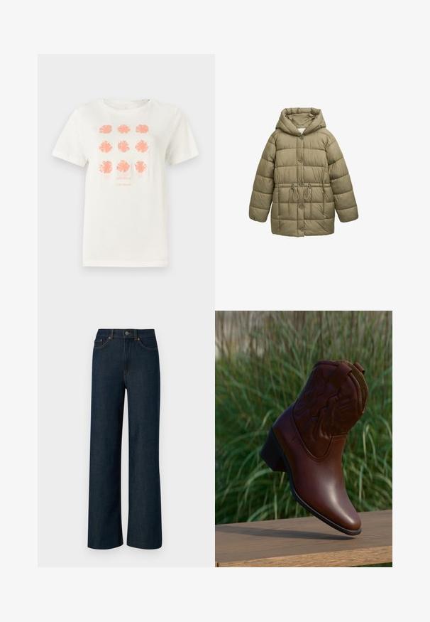 Veste rembourrée vert olive avec capuche, boutons sur le devant, cordon élastique à la taille et motifs de piqûres matelassées. Texture douce.; T-shirt en coton blanc arborant neuf motifs floraux en corail, avec "TOM TAILOR" imprimé en dessous dans une teinte assortie. Manches courtes, col rond.; Jean en denim bleu foncé à jambes larges avec des coutures orange contrastantes, cinq poches et une fermeture à bouton. Tissu lisse et texturé.; Botte de cowboy en cuir marron avec des coutures décoratives, inclinée vers le haut sur une surface en bois avec un arrière-plan flou d'herbe verte.