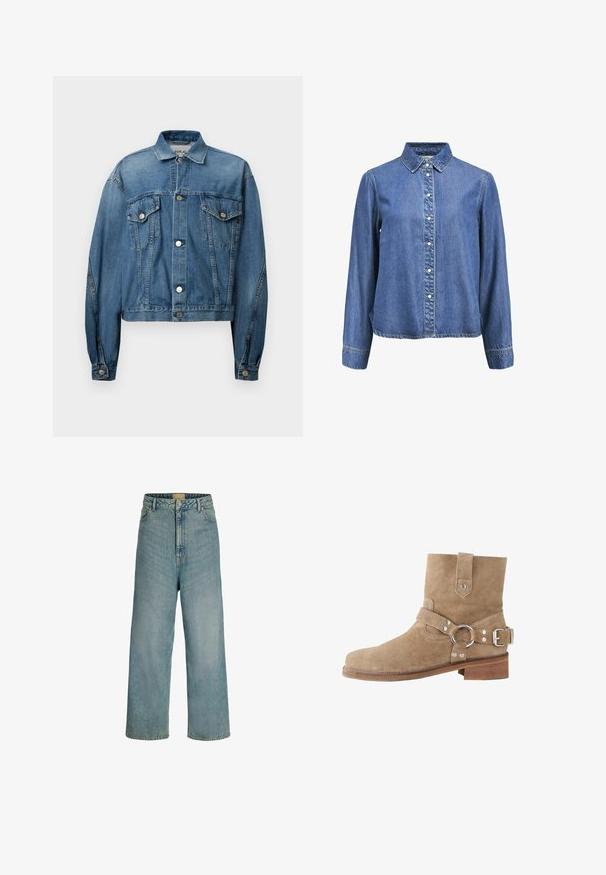 Denim jacket in medium blue met een knoopsluiting aan de voorkant, twee borstzakken en lange mouwen. Heeft een cropped ontwerp en metalen knopen.; Denim overhemd met knopen, voorzien van een klassieke kraag, lange mouwen en witte knopen aan de voorkant. Zacht, gestructureerd blauw stof.; Lichtblauwe, hooggesneden wijderechte jeans met knoopsluiting aan de voorkant, riemlussen en klassiek ontwerp met vijf zakken.; Beige suède enkellaarsje met een afgeronde neus, een verstelbare band met metalen ring en een lage houten hak. Overal een gladde textuur.
