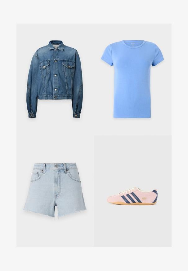 Jeansjacke in mittlerem Blau mit einem Knopfverschluss, zwei Brusttaschen und langen Ärmeln. Hat ein kurzes Design und Metallknöpfe.; Einfarbiges hellblaues kurzärmeliges Baumwoll-T-Shirt mit rundem Ausschnitt, dargestellt auf weißem Hintergrund.; Hellblaue Denim-Shorts mit hoher Taille, fransigem Saum und fünf Taschen. Merkmale sind ein Metallknopf und kontrastierende Nähte.; Helle rosa Sneakers aus Wildleder mit marineblauen Streifen und Akzenten. Verfügt über eine hellcremefarbene Zunge und Schnürsenkel sowie eine Sohle aus Gummi.