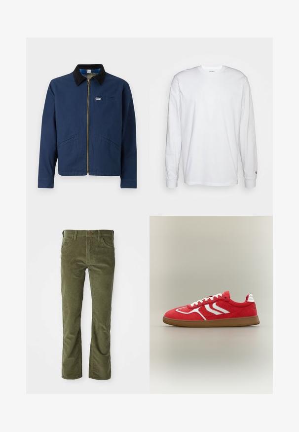 Marineblauwe jas met een corduroy kraag, voorrits, twee zijzakken en een klein merkembleem op de borst. Katoenen stof structuur.; Witte lange mouwen T-shirt van katoen. Ronde hals ontwerp met ribgebreide manchetten en een klein logo op de linkermouw. Gladde textuur.; Olijfgroene corduroy broek met voorzakken, riemlussen, knoopsluiting en een lichte flare bij de beenopeningen.; Rode suède sneaker met witte accenten, witte veters en een bruine rubberen zool, zijaanzicht op een neutrale achtergrond.