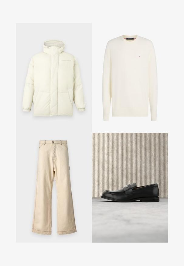 Weißer Puffermantel mit hohem Kragen, gestepptem Material und elastischen Bündchen. Verfügt über zwei seitliche Taschen und dezente Markenkennzeichnung auf der Brust.; Cremefarbener Langarmpullover mit Rundhalsausschnitt, kleinem Tommy Hilfiger Flaggenlogo auf der linken Brust und gerippten Bündchen und Saum.; Beige weit geschnittene Hose aus Baumwolle mit einem Reißverschluss und Knopfverschluss, mit kontrastierenden Nähten und Seitentaschen.; Schwarzer Lederloafer mit einer Metallmarkenplatte, der nahe einem braunen runden Tisch auf beigem Teppichboden ruht.
