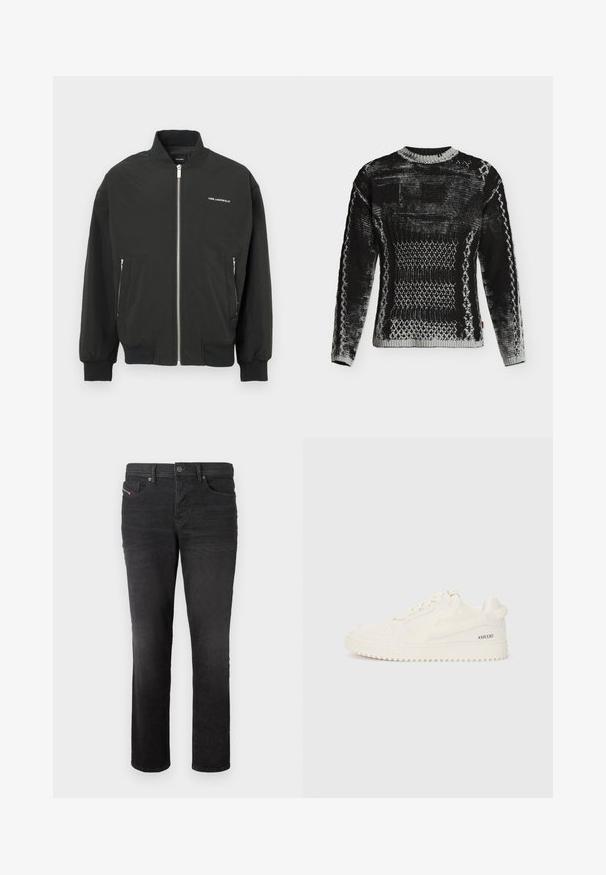 Schwarze Bomberjacke mit Reißverschluss vorne, zwei Seitentaschen, gerippten Bündchen und Saum, mit weißem "KARL LAGERFELD"-Schriftzug auf der Brust.; Schwarzer und grauer Strickpullover mit geometrischer und gemusterter Struktur, langen Ärmeln und rundem Ausschnitt auf weißem Hintergrund.; Schwarze Denim-Jeans mit geradem Bein, ausgestattet mit fünf Taschen, einem Knopfverschluss und subtilen Nähdetails auf der Vorderseite.; Weißer Sneaker aus strukturiertem Leder mit glatten Akzenten. Verfügt über eine perforierte Zehenbox, flache Schnürsenkel und einen eingestempelten "#XR330" auf der Seite.