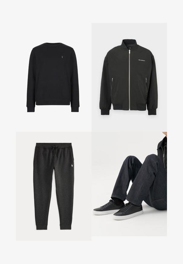 Schwarze Bomberjacke mit Reißverschluss vorne, zwei Seitentaschen, gerippten Bündchen und Saum, mit weißem "KARL LAGERFELD"-Schriftzug auf der Brust.; Schwarzer Sweatshirt aus Baumwollmischung, mit Rundhalsausschnitt, langen Ärmeln und einem kleinen gestickten Logo auf der Brust.; Dunkelgraue legere Sweatpants mit verstellbarem Kordelzug in der Taille und kleinem weißem Polo-Logo am oberen linken Oberschenkel.; Person sitzt mit angewinkelten Beinen, trägt dunkelblaue Jeans und schwarze Low-Top-Sneaker mit weißen Sohlen auf weißem Hintergrund.