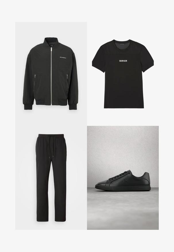 Veste bomber noire avec fermeture éclair à l'avant, deux poches latérales, poignets et ourlet côtelés, avec le logo blanc "KARL LAGERFELD" sur la poitrine.; T-shirt de sport noir à manches courtes avec empiècements en mesh sur le haut de la poitrine et les épaules, arborant le logo "Calvin Klein" centré sur le devant.; Pantalons de jogging noirs en tissu léger, dotés d'une taille élastique avec cordons de serrage réglables et poches latérales. Texture lisse.; Baskets en cuir noir avec lacets et logo "ck" en relief flottant au-dessus d'un sol gris près d'un mur en verre brique.