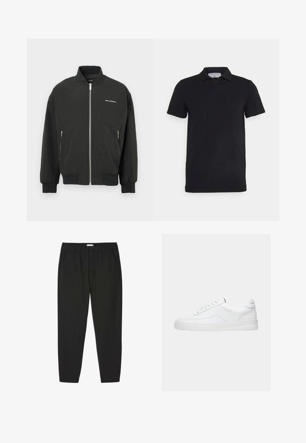 Must bomberjakk luku ees, kahe küljetasku, soonikkoes mansetid ja ääred, rinnal valge "KARL LAGERFELD" logoga.; Mustal lühikeste varrukatega polo särk klassikalise kraega, valmistatud siledast kangast. Kaeluses on sildi näol brändinimi 'Filippa K'.; Mustad elastse vöökohaga püksid sirgete säärte ja küljetaskutega, mõeldud vabaaja või professionaalseks kandmiseks.; Valge madala säärega tossud, millel on paelaga kinnitus, sile nahast pealmine osa ja paks tald, näidatud külgvaates lihtsal taustal.