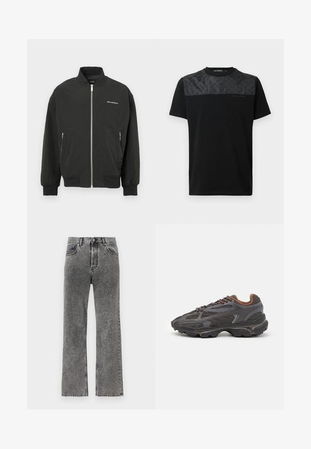 Chaqueta bomber negra con cremallera frontal, dos bolsillos laterales, puños y dobladillo acanalados, con la marca blanca "KARL LAGERFELD" en el pecho.; Camiseta negra de manga corta con un panel gris texturizado en la parte superior frontal, logo detallado y cuello redondo.; Vaqueros de denim negro lavado de pierna recta con botón frontal y cremallera, trabillas para cinturón y diseño de cinco bolsillos.; Zapatillas Lacoste en gris oscuro con material de malla y sintético, que cuentan con una suela texturizada y detalles en marrón en el cuello y la marca.