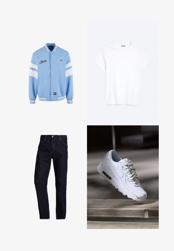 Lyseblå varsity-jakke med hvide stribede detaljer, trykknapper, ribbet manchetter og broderet branding på brystet. Blød stoftekstur.; Enkelt hvid T-shirt med korte ærmer og rund hals med synligt WEEKDAY-mærke i kraven, vist på en lys baggrund.; Mørkeblå denim jeans med lige pasform, med gul syning, fem lommer og en klassisk knap- og lynlås lukning.; Hvide lædersneakers med teksturerede overflader, polstret krave og synlig luftpolstring i sålen. Har snørrebånd og et minimalistisk design.