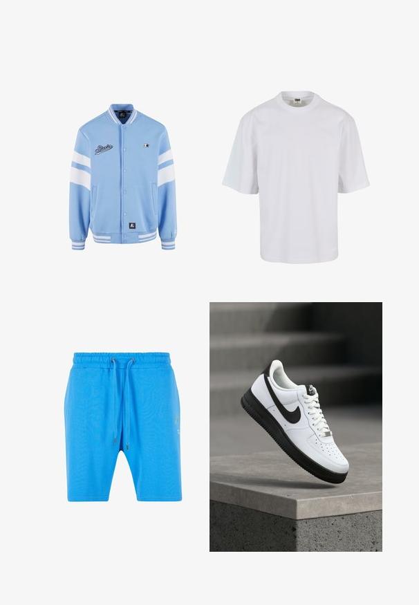 Chaqueta varsity de color azul claro con acentos en rayas blancas, botones a presión, puños acanalados y bordado de la marca en el pecho. Textura de tela suave.; Camiseta blanca de manga corta hecha de algodón. Presenta un cuello redondo y un corte holgado con una textura suave y sin patrones ni gráficos visibles.; Pantalones cortos de algodón azul con una cinturilla elástica, cierre de cordón y un sutil detalle gráfico en el lado. Textura suave y corte holgado.; Zapatilla deportiva de cuero blanco con detalles en negro, punta redondeada y detalles perforados. Suela de goma negra con patrón texturizado y cierre de cordones.