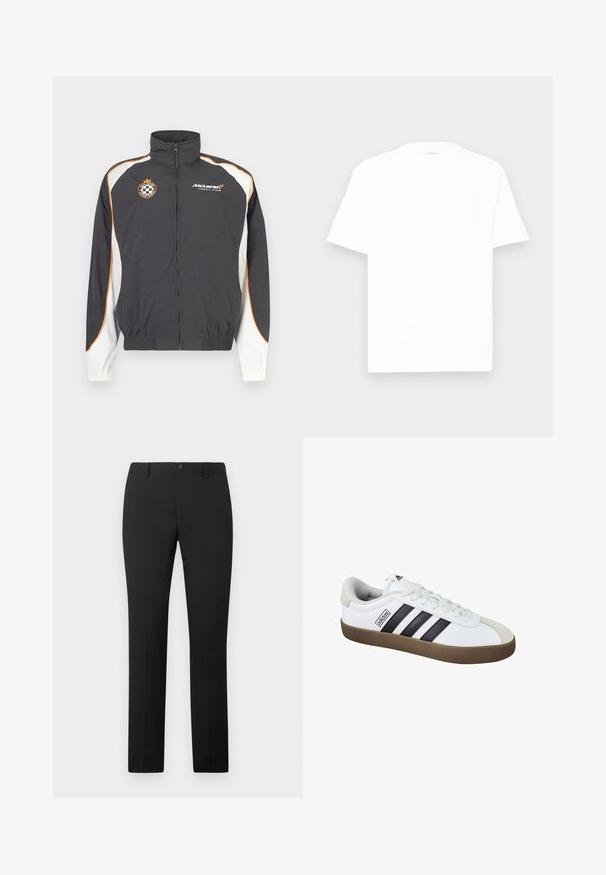 Chaqueta cortavientos negra con detalles en blanco y naranja, con cuello alto, cremallera completa en el frente y puños elásticos. Logotipo de McLaren en el pecho.; Camiseta de algodón blanca con cuello redondo, mangas cortas y corte relajado. Textura suave, detalles mínimos, sin patrones ni gráficos.; Pantalones negros a medida con diseño de pierna recta, con cierre de botón y trabillas para cinturón. Hechos de tela suave sin patrones visibles.; Zapatilla blanca con rayas negras, parte superior de cuero, suela de goma, punta redonda y suela texturizada marrón. Diseño atlético clásico.