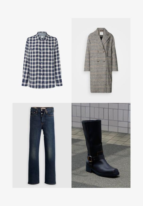 Dobbelbrystet frakke i et ternet mønster, der har en blanding af grå, brun og crème. Bemærkelsesværdige store revers og sidelommer.; Skjorte i ternet flannel i navy, hvid og rød. Lange ærmer, knappelukning foran, to brystlommer og et diskret logo ved kanten.; Mørkeblå denimjeans med lige ben, fem lommer, knapgylp og diskret falmning ved lårene. Klassiske syningsdetaljer.; Sort midt på læggen læderstøvle med lav hæl og dekorativ rem med metalspænde, stående på en grå belagt overflade nær en flisevæg.