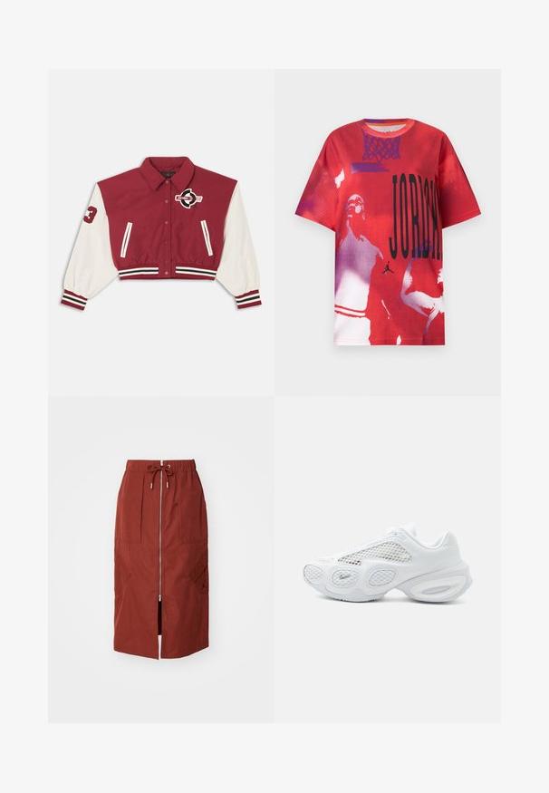 Rood-witte cropped varsityjas met drukknoopsluiting aan de voorkant, gestreepte manchetten en zoom, steekzakken aan de zijkant en een "Jordan"-logo op de borst en mouw.; Rood shirt met korte mouwen met zwarte tekst "JORDAN", paarse basketbalnetgrafiek en witte en paarse halftoonafbeeldingen van basketballers.; Mid-length rok in terracotta rood, met een rits aan de voorkant, een elastische tailleband met trekkoord en zijzakken met een geometrisch ontwerp.; Witte sportsneaker met meshpanelen, afgerond zoolontwerp en klein Nike-logo bij de teen op een effen lichte achtergrond.