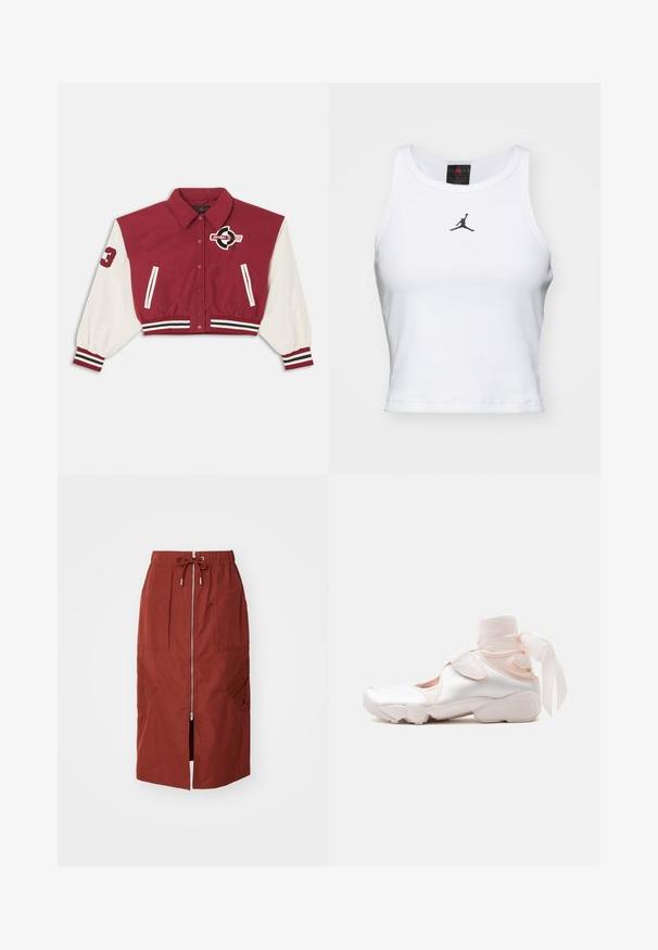 Κόκκινο και λευκό κοντό varsity μπουφάν με μπροστινά κουμπιά τύπου snap, ριγωτές μανσέτες και τελείωμα, πλαϊνές τσέπες και λογότυπο "Jordan" στο στήθος και το μανίκι.; Λευκό κροπ τοπ από βαμβάκι με ριγέ υφή. Διαθέτει μαύρο λογότυπο Jordan στο κέντρο και κλασικό στρογγυλό λαιμό.; Φορεμάκι μεσαίου μήκους σε τερακότα κόκκινο, με μπροστινό φερμουάρ, ελαστική μέση με κορδόνι και πλαϊνές τσέπες με γεωμετρικό σχέδιο.; Άσπρο και ανοιχτό ροζ αθλητικό παπούτσι με απαλό υφασμάτινο γυροσκοπικό δέσιμο στον αστράγαλο δεμένο σε φιόγκο, με ρυθμιζόμενο λουράκι και στρογγυλεμένη σόλα.
