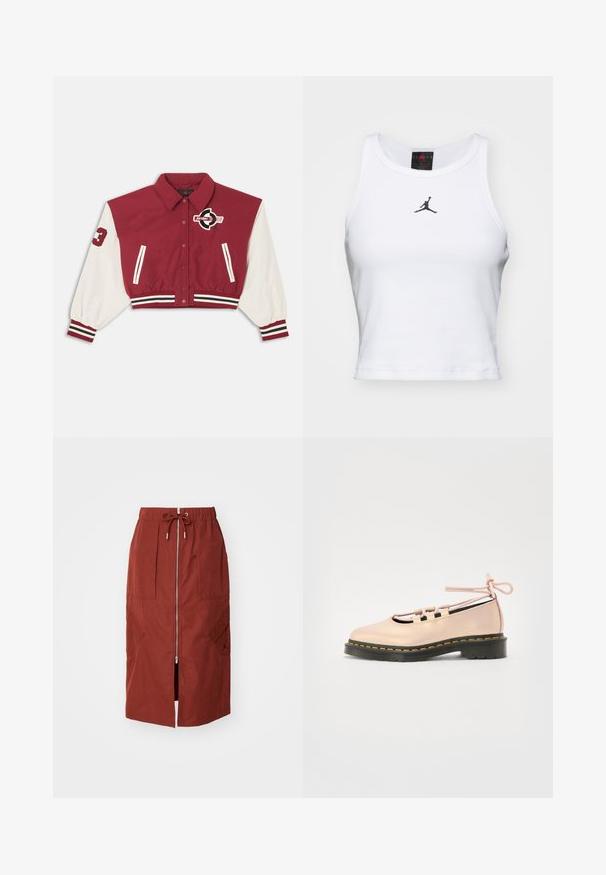 Punane ja valge lühendatud varsity-stiilis jakk esikahekohal kinnitusnuppude, triibuliste mansettide ja äärega, küljetaskutega ning "Jordan" logo rinnal ja varrukal.; Valge lühike puuvillane tank top ribakangast. Keskel on must Jordan'i logo ja klassikaline ümar kaelus.; Keskmise pikkusega seelik terrakota punases, millel on eesne lukuga, elastne vöökoht koos tõmblukuga ja küljetaskud geomeetrilise mustriga.; Kerge roosa nahast king, millel on ümar varvas, teksikinnitus ja must platvormpõhi, mis on kaunistatud kollaste õmblustega.