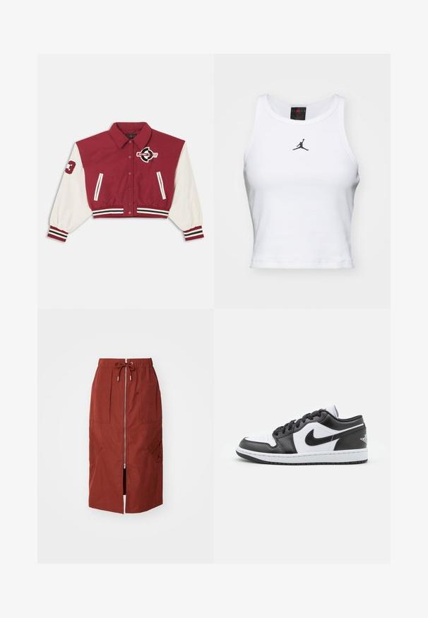 Rote und weiße, kurze Collegejacke mit vorderen Druckknöpfen, gestreiften Bündchen und Saum, Seitentaschen und einem "Jordan"-Logo auf der Brust und dem Ärmel.; Weißes Crop-Top aus Baumwolle mit geripptem Struktur. Verfügt über ein schwarzes Jordan-Logo in der Mitte und einen klassischen Rundhalsausschnitt.; Midikleid in terrakottarot, mit einem Frontreißverschluss, elastischem Bund mit Kordelzug und seitlichen Taschen mit geometrischem Design.; Schwarz-weiße Nike Low-Top-Sneaker verfügen über ein glattes Leder-Obermaterial, eine runde Zehenpartie, eine Schnürung und eine gemusterte Gummisohle.
