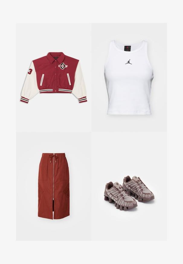 Chaqueta universitaria recortada en rojo y blanco con botones de presión en el frente, puños y dobladillo a rayas, bolsillos laterales y un logo de "Jordan" en el pecho y la manga.; Top corto blanco de algodón con textura acanalada. Cuenta con un logo negro de Jordan en el centro y un clásico escote redondo.; Falda de longitud media en rojo terracota, con cremallera frontal, cinturilla elástica con cordón ajustable y bolsillos laterales con un diseño geométrico.; Nike Sportswear SHOX TL - Zapatillas - pumice/night maroon/plum eclipse