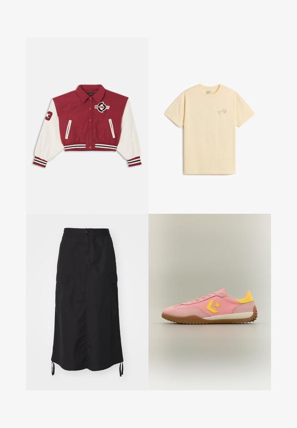 Rød og hvid kort varsityjakke med trykknapper foran, stribede manchetter og kant, sidelommer og et "Jordan"-logo på brystet og ærmet.; Beige T-shirt med korte ærmer, rund halsudskæring og lille falmet Vans-logo samt globusgrafik på venstre bryst.; Sort mid-length nederdel lavet af letvægtsstof. Har en elastisk talje, knaplukning og sidelommer med snorede detaljer.; Lavskoet pink sneaker med gummisål, gul stjerne-logo på siden og gul hælkappe mod en neutral baggrund.