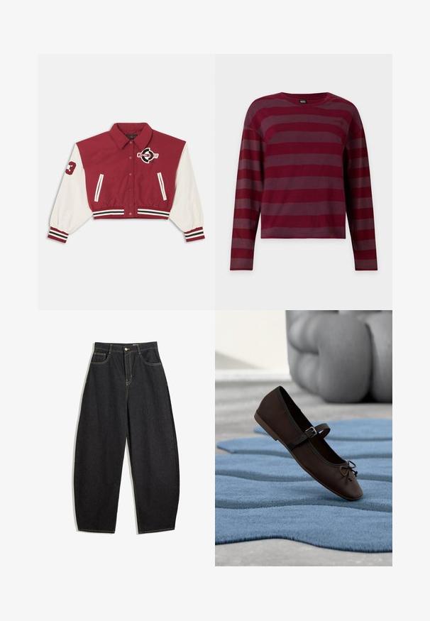Rød og hvid kort varsityjakke med trykknapper foran, stribede manchetter og kant, sidelommer og et "Jordan"-logo på brystet og ærmet.; Langærmet t-shirt med rund hals og horisontale mørkerøde og vinrøde striber, vist fladt på en hvid baggrund.; Sorte denim bukser med vid ben og høj talje, prydet med gule syninger, to forlommer og en enkelt knaplukning.; Mørkebrun Mary Jane-flad sko med spænde og sløjfedetalje, der hviler på en bølget blå tekstureret tæppe med grå polstret sofa i baggrunden.