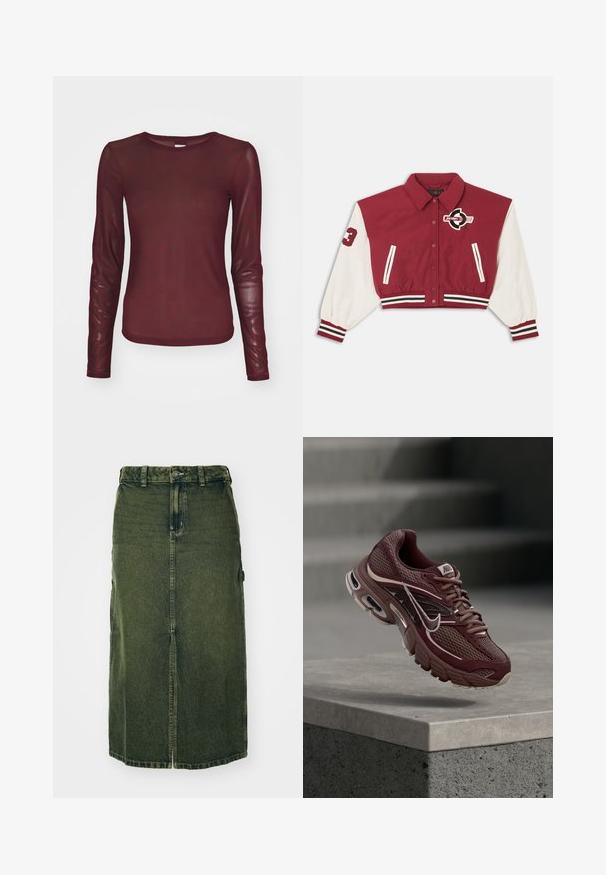 Punane ja valge lühendatud varsity-stiilis jakk esikahekohal kinnitusnuppude, triibuliste mansettide ja äärega, küljetaskutega ning "Jordan" logo rinnal ja varrukal.; Burgundia pikkade varrukatega särk, mis on valmistatud läbi paistvast kangast koos peene musta logo mustriga. Omab ümarat kaelust ja keha lähedast siluetti.; Roheline teksaseelik keskmise pikkusega, esiseeliku ja nööbisahtliga, samuti vöökohaga. Selle tekstuur on veidi kulunud, külgedel on taskud.; Pruunikas-punane Nike jooksujalanõu võrgukangaga, polsterdatud krae, paks tald ja valged aktsendid. Disainis on ümar nina ja silmatorkavad paelad.
