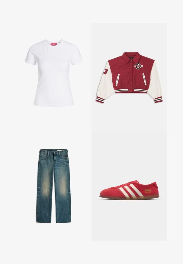 Rood-witte cropped varsityjas met drukknoopsluiting aan de voorkant, gestreepte manchetten en zoom, steekzakken aan de zijkant en een "Jordan"-logo op de borst en mouw.; Witte, nauwsluitende T-shirt met korte mouwen en ronde hals, met een roze JJXX-label aan de binnenkant van de kraag, afgebeeld tegen een effen achtergrond.; Blauwe denim jeans met rechte pijpen, vervaagde plekken op de dijen, voorzakken, riemlussen en knoopsluiting.; Rode suède sneakers met wit drie-streepdesign, platte zool en gouden logo-detail. Laag uitgesneden ontwerp met ronde neus en vetersluiting.