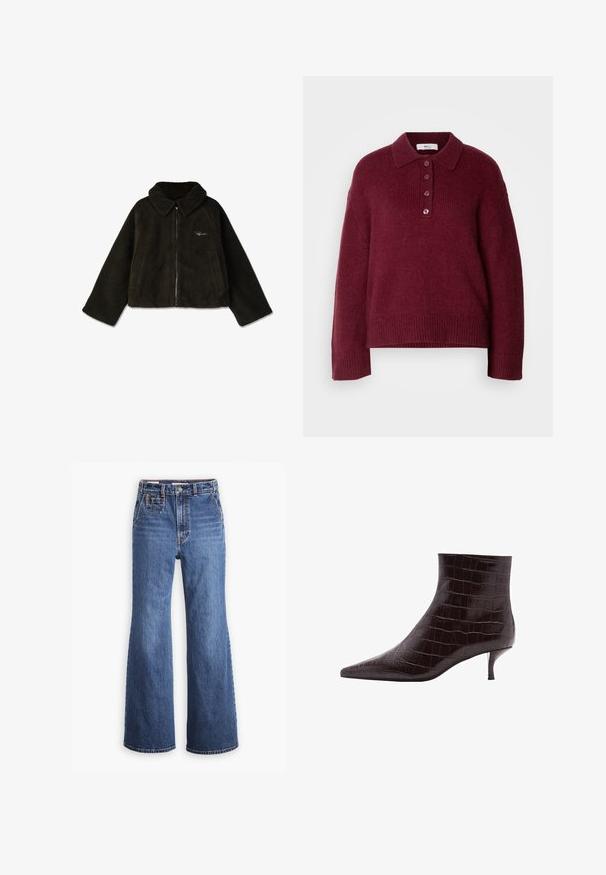 Mørkegrøn, fluffy faux fur jakke med krave, frontlynlås og sidelommer. Har diskret broderet branding.; Bordeaux strikket sweater med polo krave, fem knap lukning og ribbede manchetter og kant. Behagelig og afslappet pasform.; Højtaljede blå denimjeans med bred ben-design, som har en frontlomme, messingknaplukning og kontrastsyninger.; Sorte krokodille-embossede læder ankelstøvler med spidse tæer og en kort, tynd hæl. Glat tekstur med et tydeligt mønster og et slankt design.
