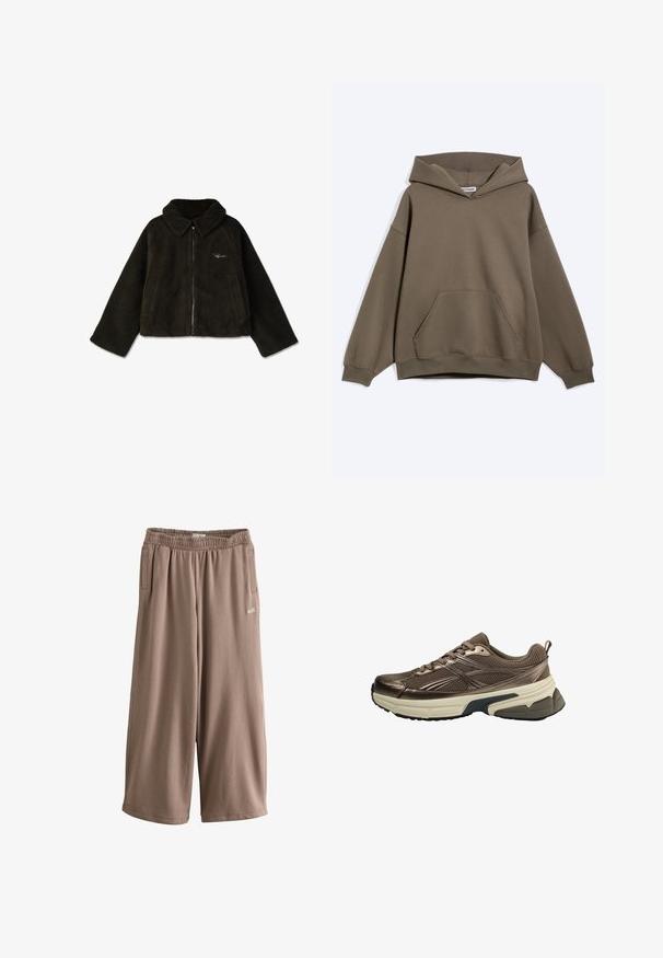 Donkergroene, fluffy nepbontjas met een kraaghals, voorrits en zijzakken. Bevat subtiele geborduurde branding.; Bruine oversized hoodie met kangaroovak aan de voorkant en geribbelde manchetten, getoond op een effen lichte achtergrond.; Taupekleurige, wijdvallende cropped sweatpants met elastische tailleband, zijzakken en klein wit "self." logo op linker bovenbeen.; Bruine mesh sportschoen met beige dikke zool en zwarte profiel, gedetailleerde zijstrepen en veters, gezien vanaf de buitenkant.