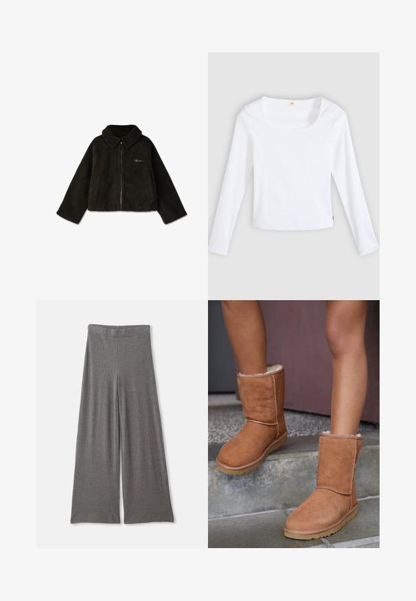 Veste en fausse fourrure verte foncée et duveteuse avec un col, une fermeture éclair à l'avant et des poches latérales. Présente un branding brodé discret.; T-shirt blanc à manches longues en tissu côtelé, avec un col carré et une coupe ajustée, orné d'une petite étiquette logo sur le côté.; Pantalons larges gris à côtes avec une taille haute élastique. Le tissu semble doux et texturé, offrant une coupe décontractée sur toute la longueur.; Bottines en suede marron, à bout rond, avec une doublure douce et une semelle en caoutchouc, présentant des détails de couture visibles le long des coutures.