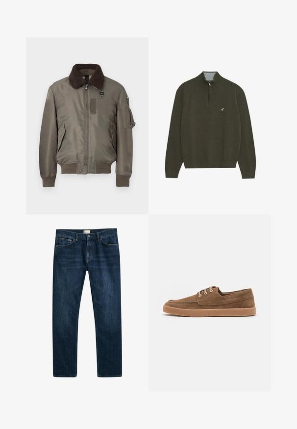 Brun krave bomberjakke i olivengrøn, med lynlåslukning foran, sidelommer og ribbede manchetter og kant. Materialet virker glat med en mat finish.; Mørkegrøn pullover sweater med høj krave, halv-zip foran, ribbede manchetter og søm, samt et lille broderet logo på brystet.; Mørkeblå denim jeans med lige ben, knap- og lynlåslukning samt forlommer. Glat tekstur og minimal falmning.; Brune ruskind casual sko med lav profil, snøre-design og en tan gummisål. Har hvide øjer og syet detaljer langs kanterne.